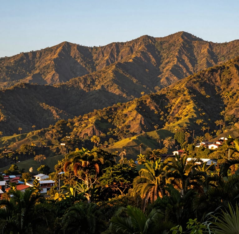 Vista panorámica de las montañas de Mayagüez al atardecer, con exuberante vegetación tropical en primer plano, luz dorada cálida, fotografía editorial, 35mm.
