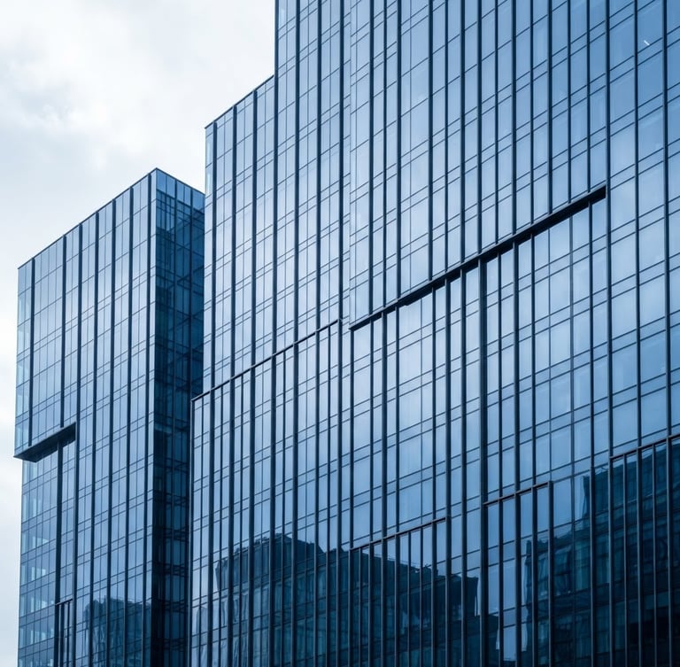 Crisp architectural photography of a modern high-rise glass facade reflecting cool daylight, sharp lines, clean corporate minimalism, royal blue ambient tint