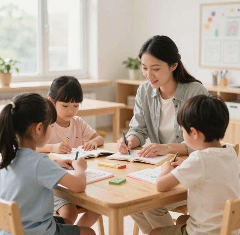 A bright, clean indoor learning classroom with soft natural daylight. Children are sitting at a low wooden table, engaged in hands-on reading and building activities with a warm, supportive educator.