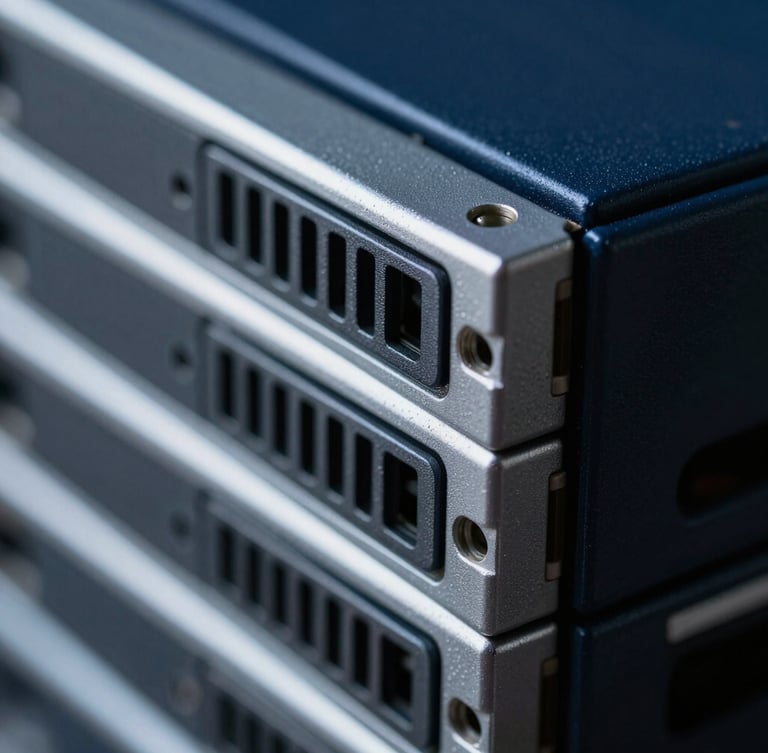 Extreme macro close-up of physical server rack components in cool silver tones, deep navy shadows, sharp metallic edges.