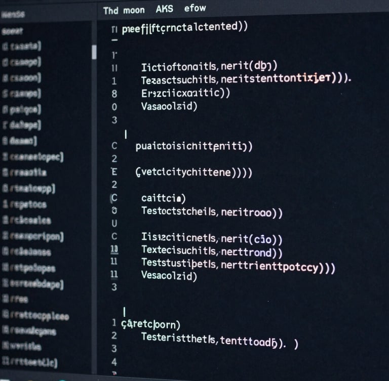 Extreme close-up of a dark-mode code editor showing highly structured, clean TypeScript functions, cool silver highlights, deep navy background.