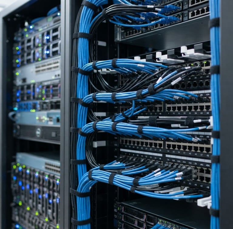 Close-up of neatly organized blue and black server rack cables, structured cabling in a modern server room, bright cool-toned technical lighting, sharp focus, 35mm lens.