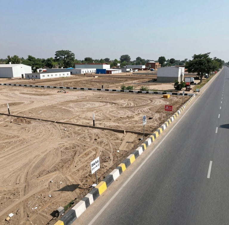 Wide-angle environmental shot of a clean, surveyed industrial plot along Delhi Road in Hisar under bright midday sun, showing clear boundary markers and access road
