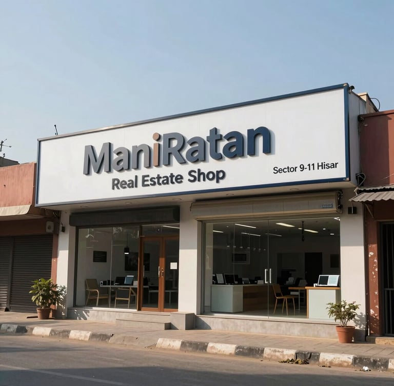 Wide-angle environmental photograph of ManiRatan Real Estate Shop 4E storefront in Sector 9-11 Hisar, bright midday sun, clear professional signage, accessible street view