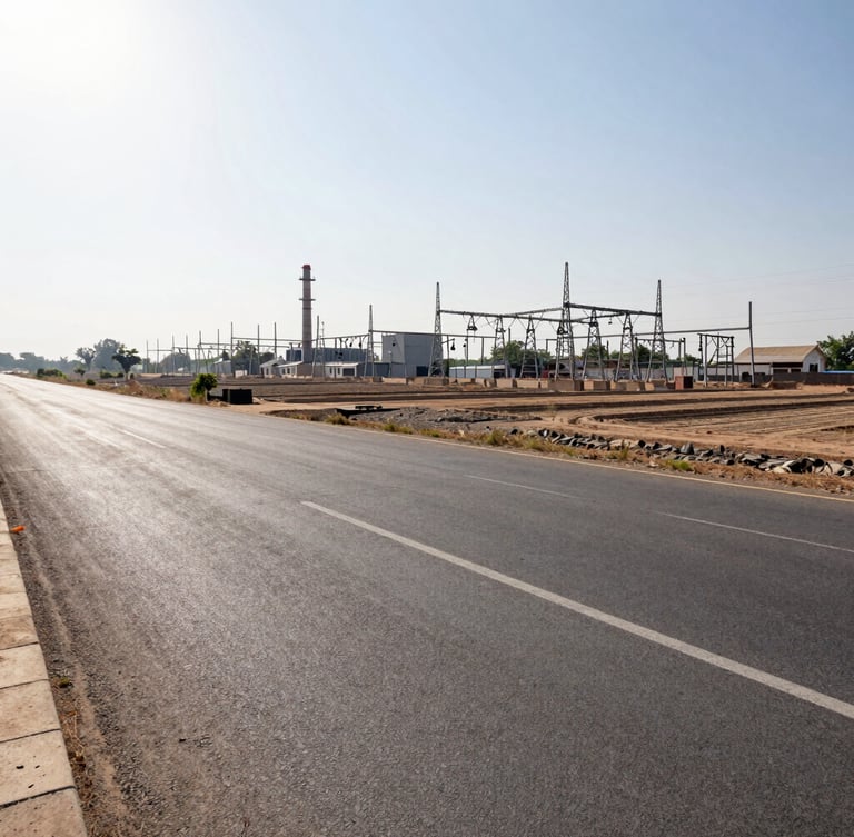 Wide-angle environmental photograph of a clean, cleared industrial plot along Delhi Road in Hisar, showing wide asphalt road and power infrastructure under bright midday sun.