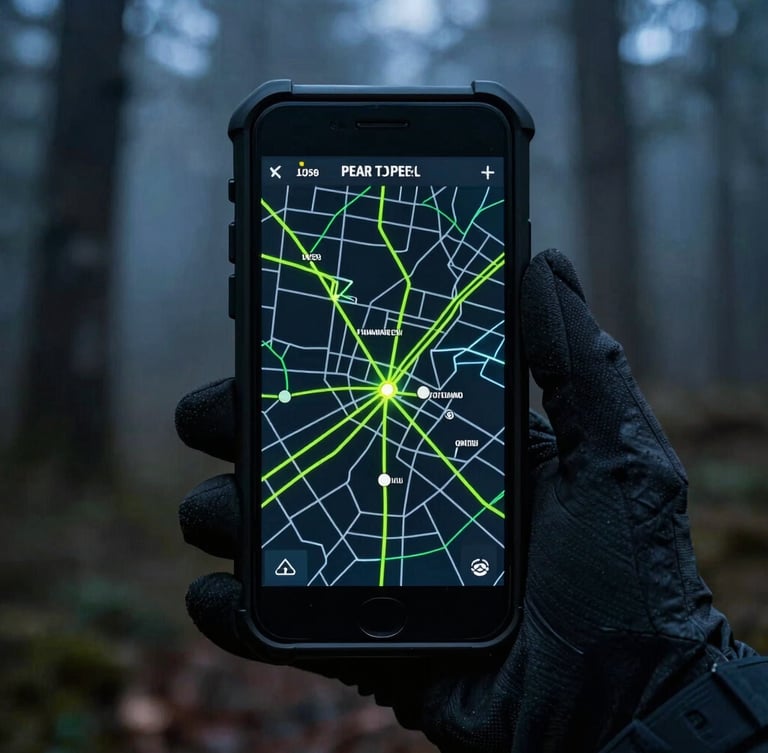 Close-up of a ruggedized smartphone displaying a tactical peer-to-peer routing map with neon green lines, held by a gloved hand in a dark, misty forest, twilight, high contrast.