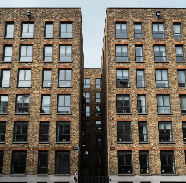 Symmetrical architectural shot of a clean, modern brick apartment building in London under soft, diffuse daylight.
