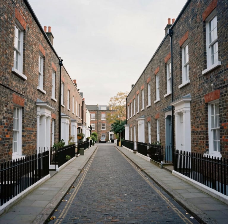 Symmetrical wide view of a classic British brick terrace street, clean pavements, soft diffuse natural UK light, architectural perspective.