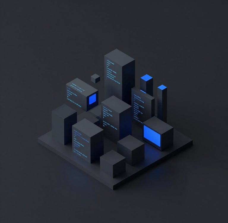 Abstract isometric projection of digital structures and code blocks, moody dark-mode lighting with sharp blue accents, minimalist 3d render
