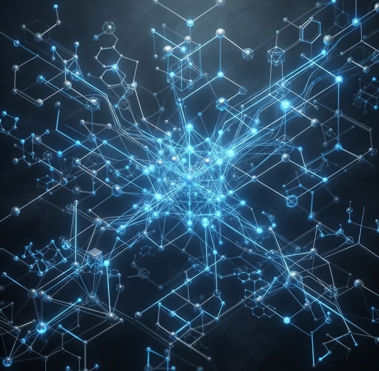 Abstract 3D rendering of glowing vector nodes and network graphs in cool gray and electric blue, dark-mode studio lighting, isometric perspective