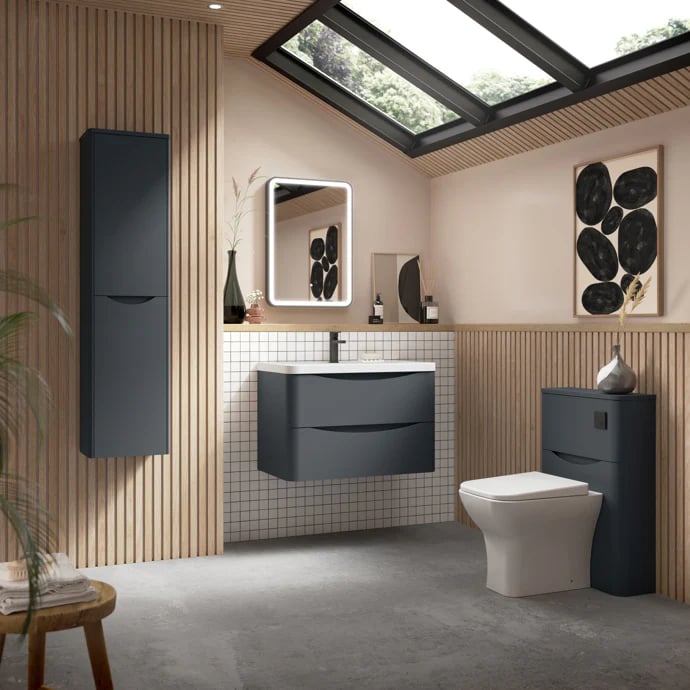 Modern bathroom featuring a dark grey floating vanity, wall-mounted cabinet, and slatted wood panels.