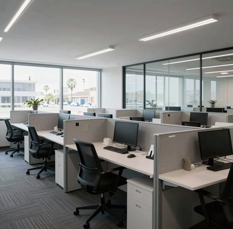 Wide-angle, high-key daylight office workspace in California, clean glass partitions, structured desks, professional atmosphere, cool undertones