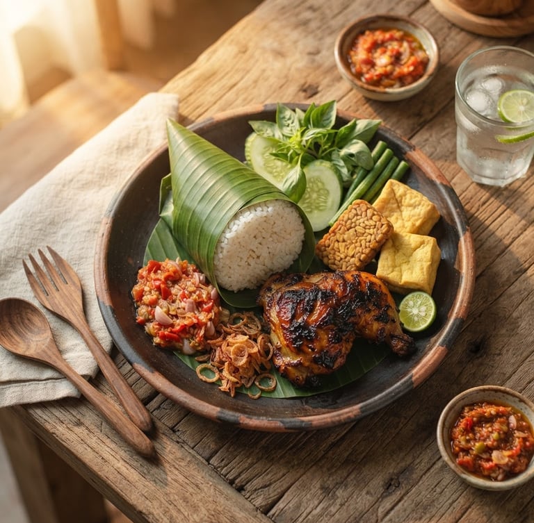 Overhead shot of a beautifully plated Nasi Timbel with grilled chicken and fresh sambal, soft golden-hour window light, rich natural tones, shallow depth of field, on an elegant dining table.
