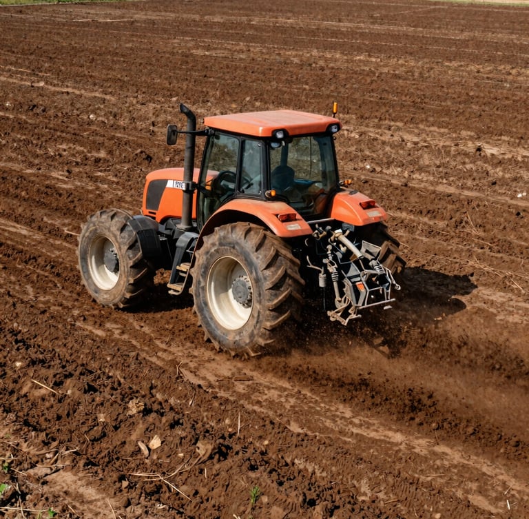 Wide environmental shot of a heavy-duty orange tractor plowing through deep mud-caked clay under harsh natural sunlight, high-contrast earthy tones, sharp focus on raw steel wheels and flying dirt, 35mm