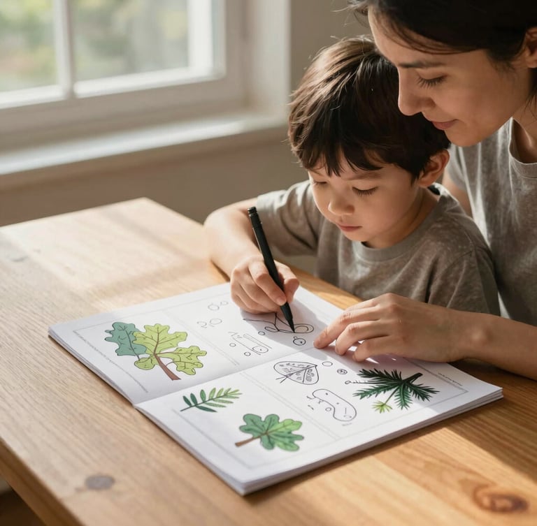 A parent and child looking at a printed nature worksheet together on a wooden table, warm window light casting soft shadows, tactile paper texture.