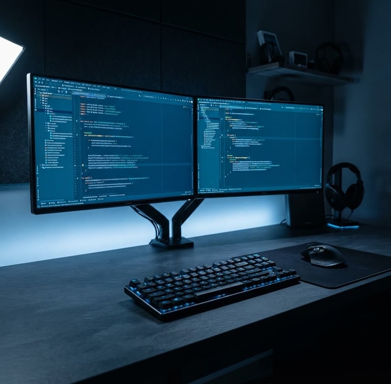 Wide organized developer workspace, dual monitors displaying clean Android Studio code on dark screens, cool blue edge lighting from the left, sharp focus on keyboard and screen, deep slate desk surface, no clutter