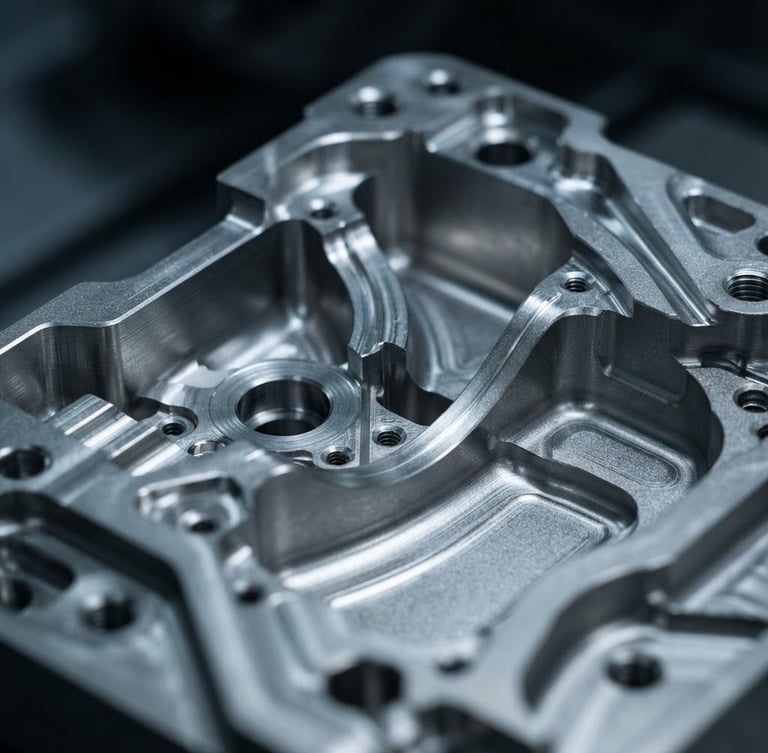 Extreme close-up macro shot of a complex 5-axis milled titanium aerospace component, showing bead-blasted finish and sharp edges under cool industrial lighting, high-contrast shadows, metallic reflections.