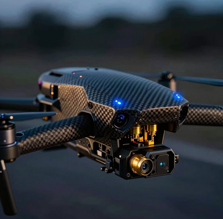 Cinematic macro shot of a rugged carbon-fiber drone chassis with gold electrical connectors, glowing blue status indicator, low-key tactical lighting