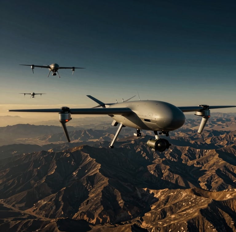 Cinematic wide-angle aerial shot of tactical autonomous drone fleet flying over the rugged mountains of the Horn of Africa at dusk, dramatic low-key lighting, deep navy sky with golden horizon, sharp technical details, 35mm lens.