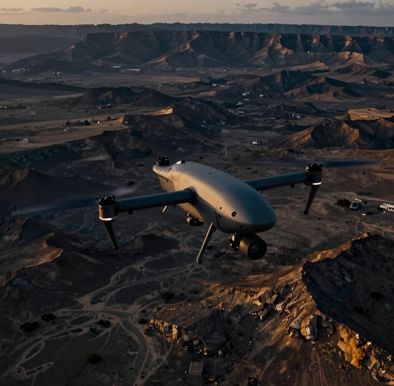 Wide environmental aerial shot of a tactical autonomous drone flying over the rugged Horn of Africa landscape at dusk, high-contrast, cinematic low-key lighting, sharp technical details.