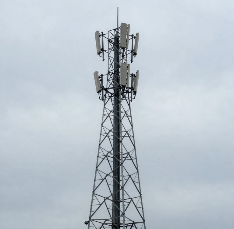 Wide environmental shot of a heavy-duty telecommunication tower against cold overcast sky, desaturated steel tones, sharp focus, 35mm lens.