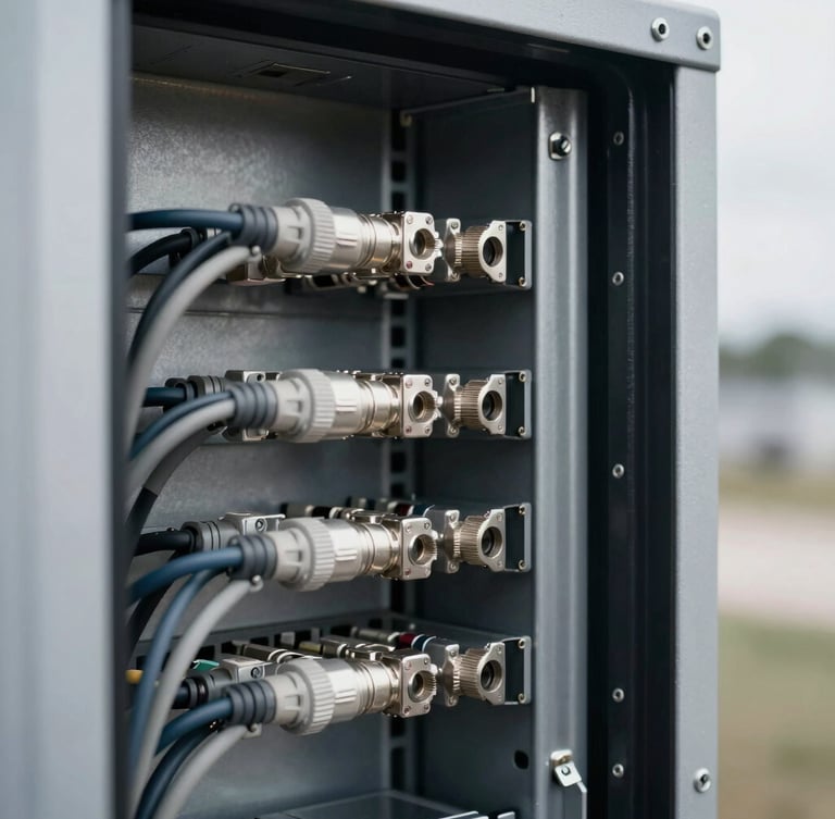 Tight macro shot of heavy-duty physical connectors and clean server rack cabling inside a mobile telecom shelter, industrial interior lighting, desaturated steel tones.