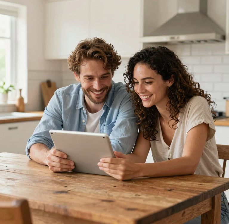 A cheerful French couple sitting at a rustic wooden table in a sunlit kitchen, looking at a tablet together and smiling, warm natural daylight, candid medium shot.