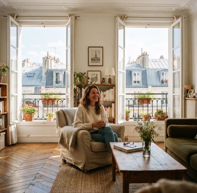 A bright, sunlit French apartment interior with warm wooden parquet floors, large open windows showing charming Parisian rooftops, natural daylight, warm lifestyle photography.