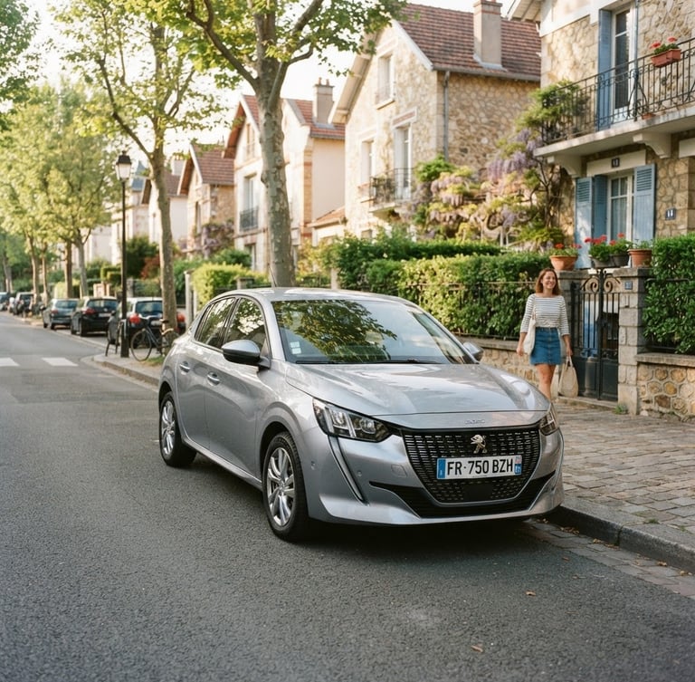 A clean, well-maintained silver compact hatchback parked on a quiet residential street in a French suburb, soft afternoon sunlight, natural colors