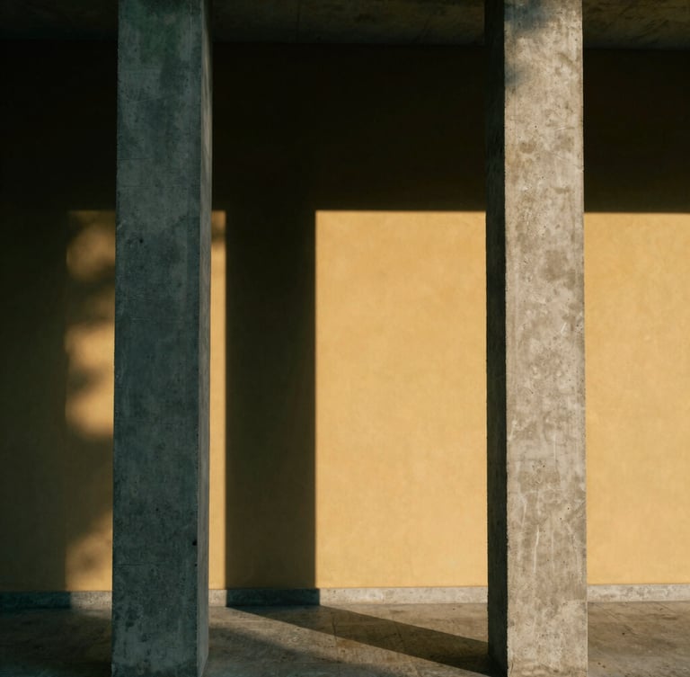 Minimalist architectural photography of concrete pillars casting long sharp shadows on a golden wall, direct sunlight, 35mm