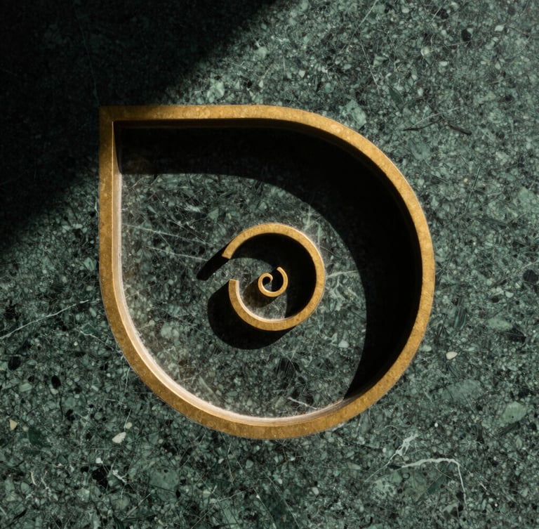 Macro close-up of a golden ratio spiral carved into dark green marble, sharp architectural shadows, direct sunlight, 35mm
