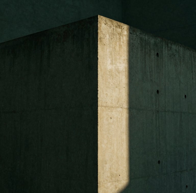 Minimalist architectural concrete corner under sharp direct sunlight, deep shadows, dark forest green tones, 35mm
