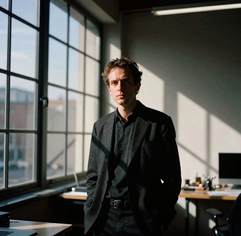 Moody editorial portrait of a creative director in a high-contrast architectural studio space, dramatic natural window light casting deep shadows, 35mm film grain