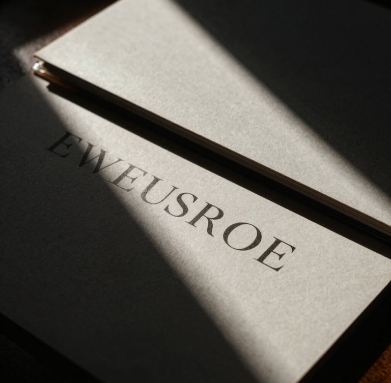 Close-up portrait of physical media layouts, textured heavy paper, elegant serif typography printed on matte cardstock, dramatic shadows under high-contrast natural window light.