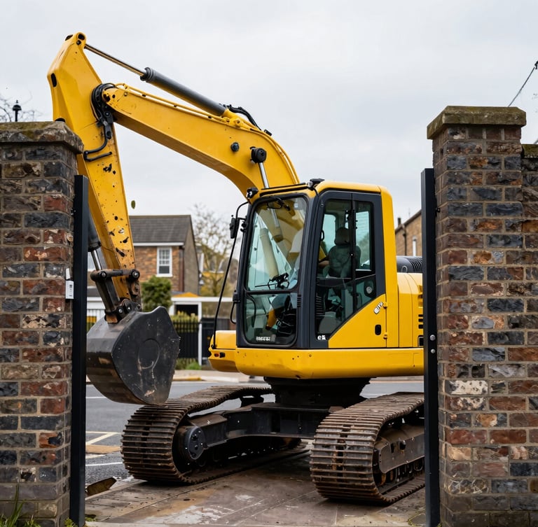 Close-up shot of a compact 800kg micro digger squeezing through a narrow brick residential side gate in London, high-contrast yellow and charcoal tones, sharp focus