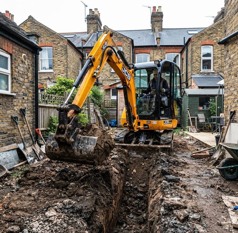 Low-angle heroic shot of a yellow and black mini excavator digging a clean trench in a tight London residential backyard, bright overcast daylight, high-contrast industrial tone