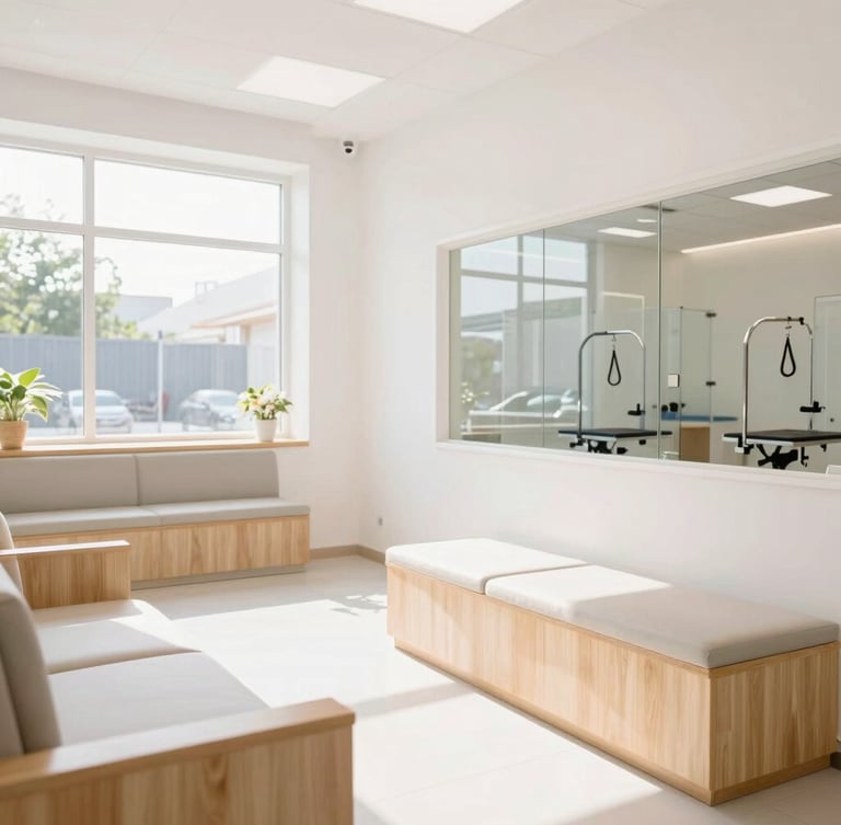 A bright, high-key interior shot of a modern pet care facility lobby, clean white walls, light wood accents, comfortable seating, large windows with sunlight streaming in, a clean grooming station visible through a glass partition in the background