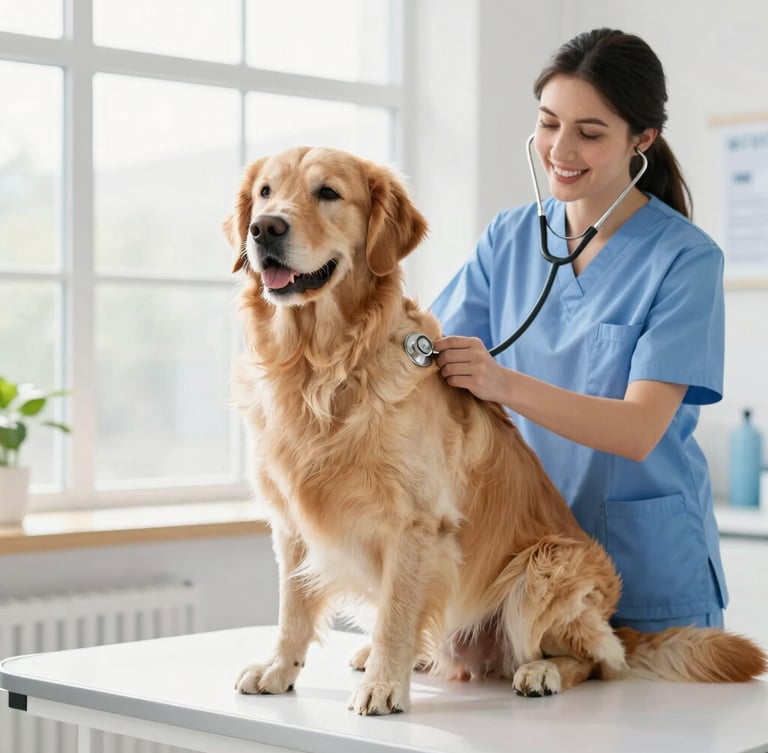 A bright high-key photograph of a calm golden retriever sitting on a clean exam table, a smiling female veterinarian in a soft blue scrub top gently listening to its heart with a stethoscope, natural daylight from a large window