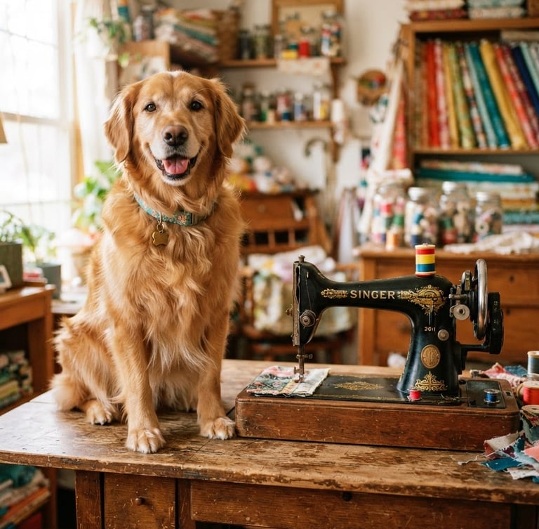 bright warm photography, natural daylight, vibrant saturated colors, eye-level pet portrait of a happy dog sitting next to a vintage sewing machine, shallow depth of field, 35mm