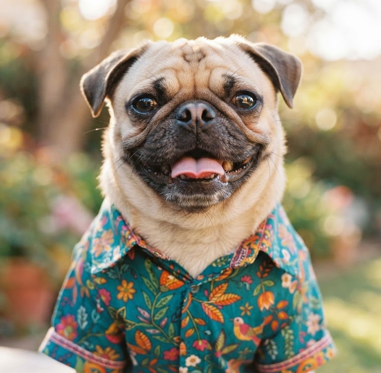 Vibrant close-up of a happy pug wearing a colorful custom-tailored teal shirt, warm natural daylight, eye-level pet portrait, shallow depth of field, 35mm