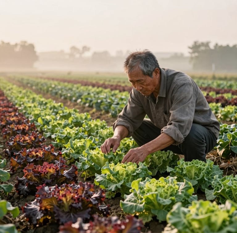 An environmental portrait of a heritage farmer inspecting organic leafy greens in a field at sunrise, soft golden hour lighting, natural mist, warm editorial style.