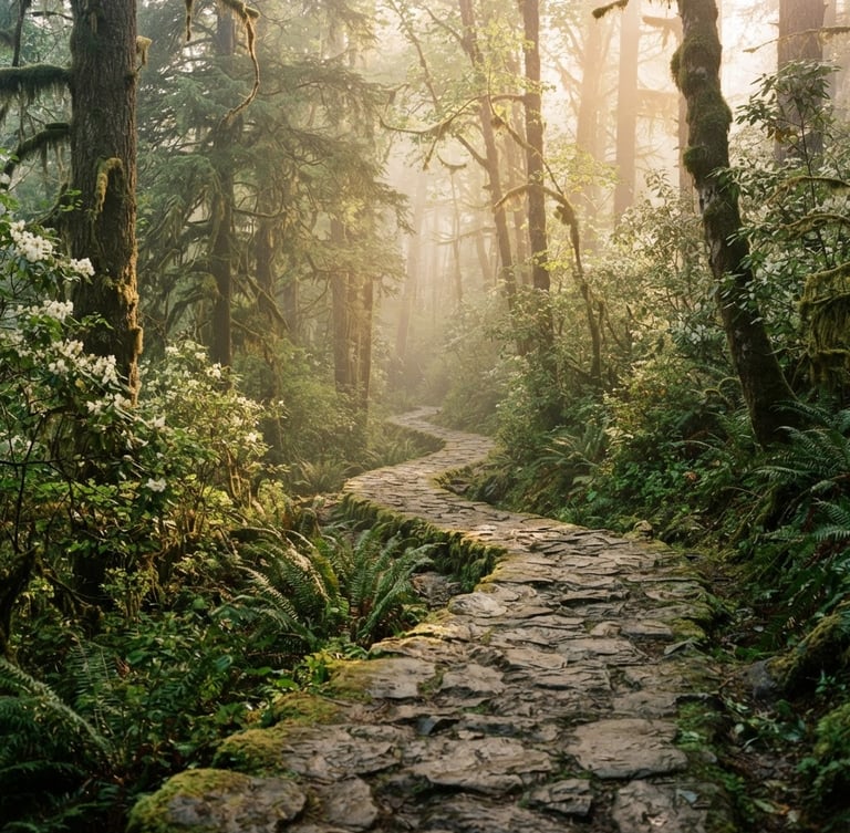 A serene, misty stone pathway winding through a lush green forest at golden hour, soft morning light filtering through towering trees, editorial travel photography, 35mm lens.