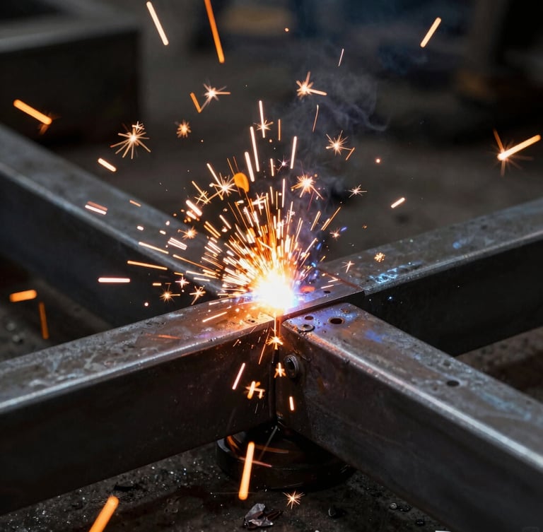 Close-up of intense orange welding sparks flying from a steel joint in a dark workshop, high-contrast metallic highlights, industrial editorial photography, 35mm