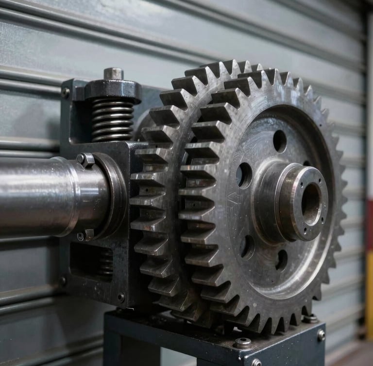 Tight macro shot of heavy steel gears and spring mechanism of a rolling shutter, industrial workshop lighting, high-contrast metallic highlights, 35mm