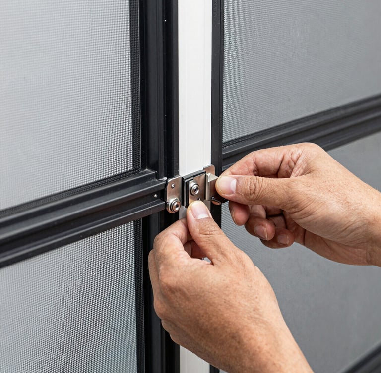 Close-up of hands installing a sleek black aluminum mosquito net frame on a window, sharp focus on mechanical joints, industrial editorial photography, 35mm