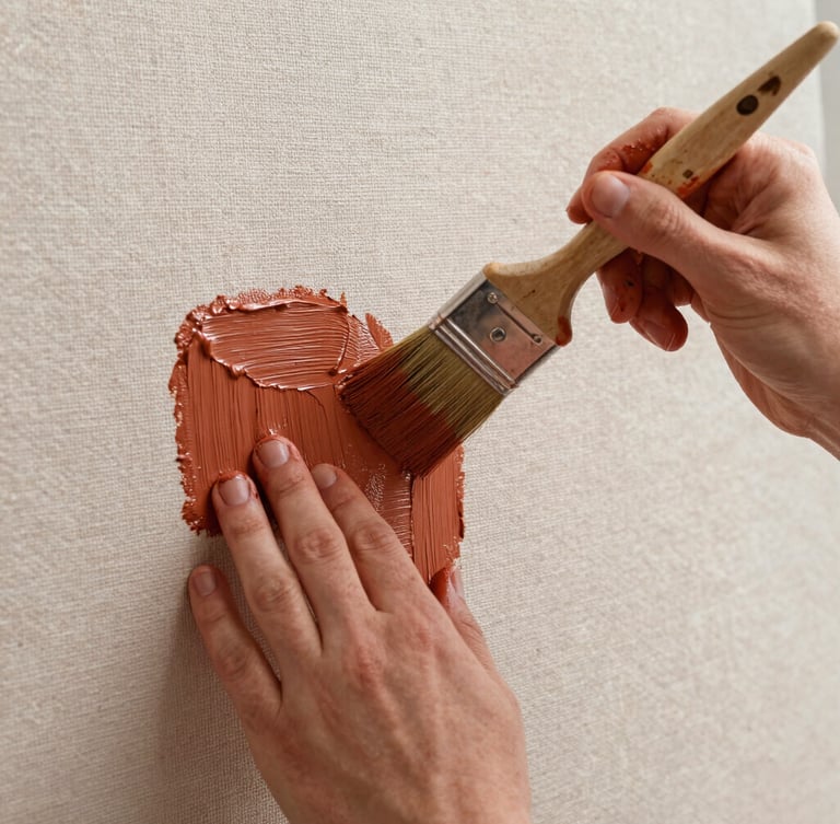 Close-up of hands with paint-stained fingers holding a professional brush, applying thick terracotta-colored paint onto a heavily textured linen canvas, soft natural light