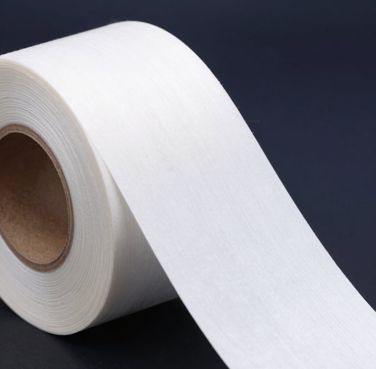 Macro shot of a high-contrast white thermal label being peeled off a roll, showing strong adhesive fibers stretching, cool dark navy background, sharp studio lighting