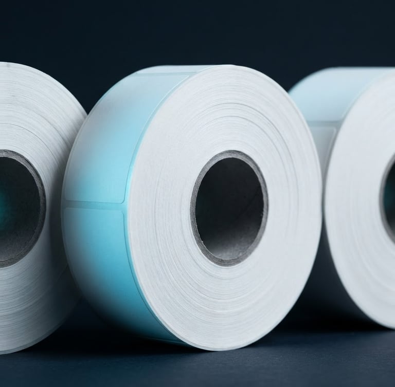 Close-up of pristine thermal label rolls on a dark background, sharp cyan studio highlights, macro photography, 50mm lens