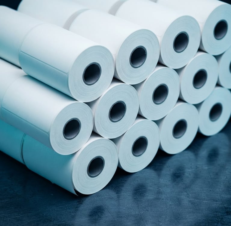 Macro photograph of pristine white thermal label rolls on a dark metallic surface, cool studio lighting with sharp cyan highlights, 50mm lens