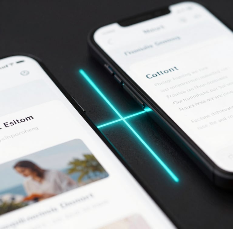 Macro shot of a responsive web layout breakpoint transition across desktop and mobile screens, glowing cyan lines, clean technical aesthetic, dark background.